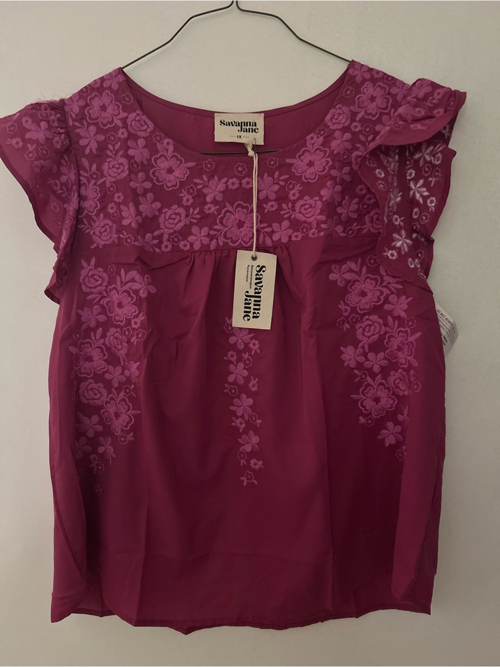 Savanna Jane Magenta Floral Embroidered Flutter Sleeve Top